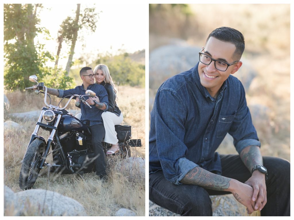 adorable couple during their Harley Davidson engagement photos