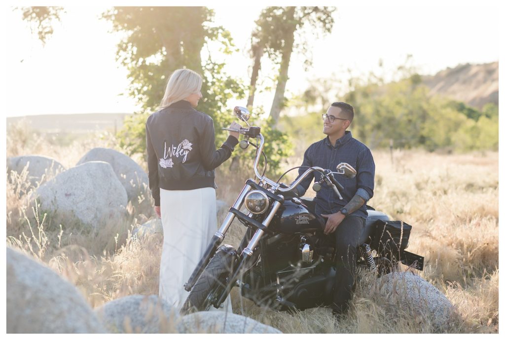 a couple during their Harley Davidson engagement photos