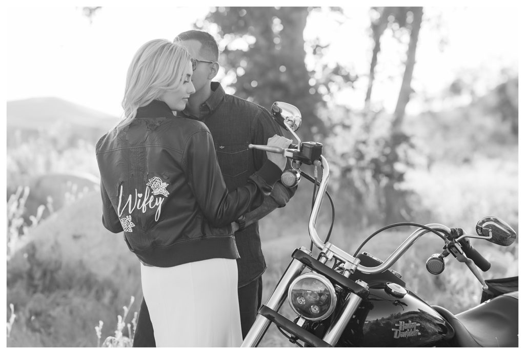 Wifey leather jacket during Harley Davidson engagement photos