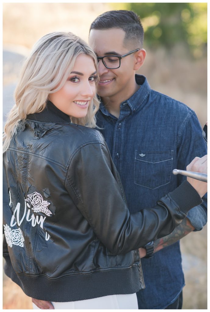 leather and love during Harley Davidson engagement photos