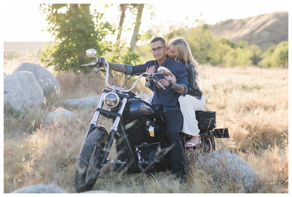 gorgeous couple during their Harley Davidson engagement photos