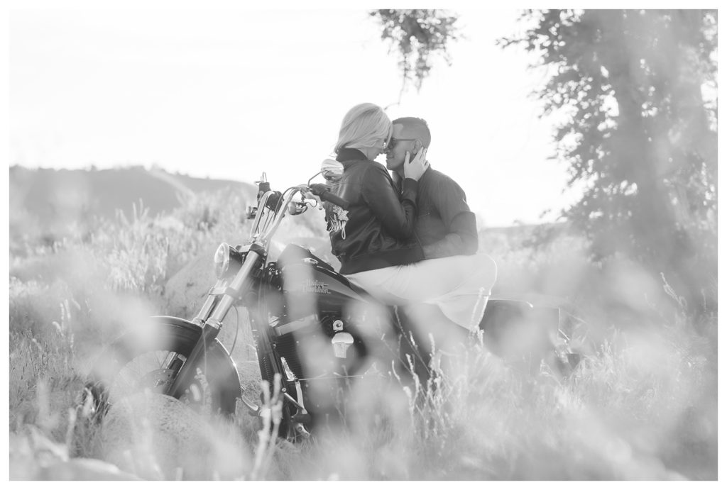 a beautiful black and white photo of a Harley Davidson engagement photos session