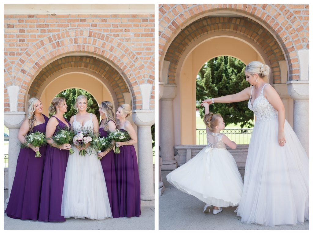 a bride and her bridesmaids and flower girl before a wedding at the Automobile Driving Museum in Segundo, California