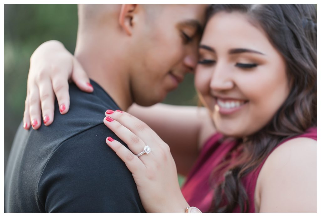 the happy couple and the engagement ring during engagement photos at Hart Park