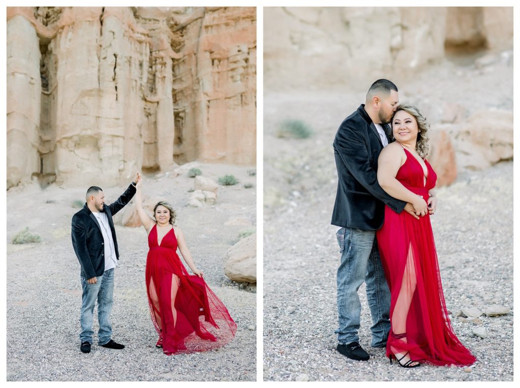 Red Rock Canyon engagement photos - twirling in a flowy red dress