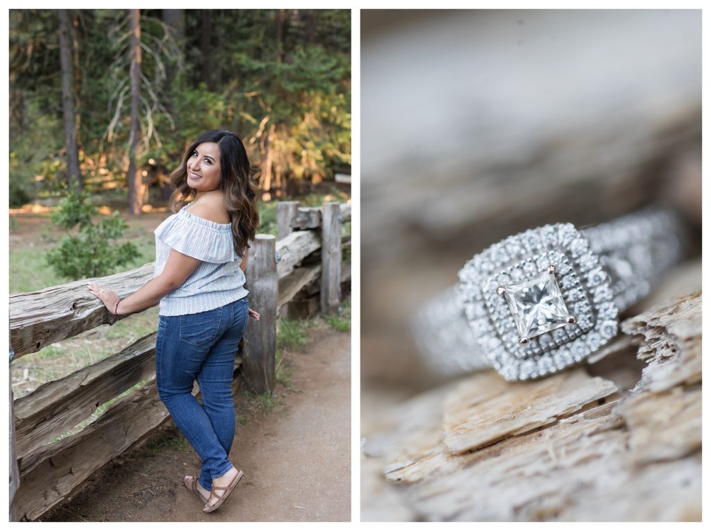 Engagement photos in Sequoia National Park - engagement ring resting on a sequoia