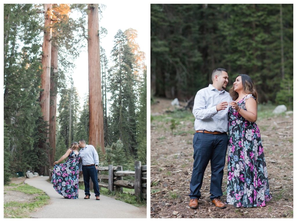 Engagement photos in Sequoia National Park - a couple celebrating with a champagne toast