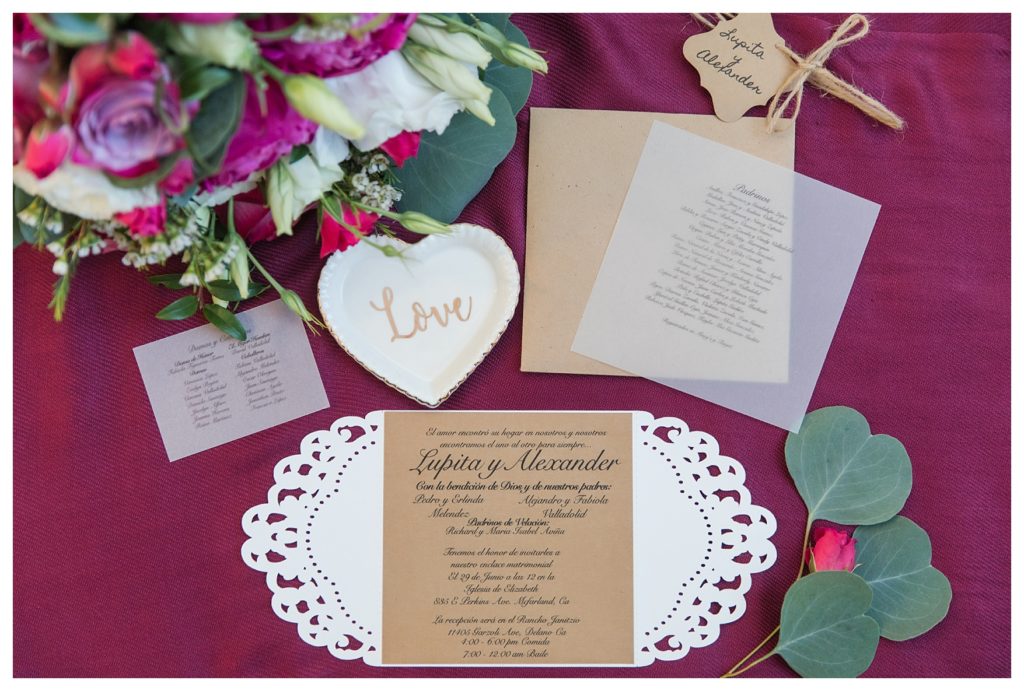 Rancho Janitzio Wedding - wedding invitation and flowers