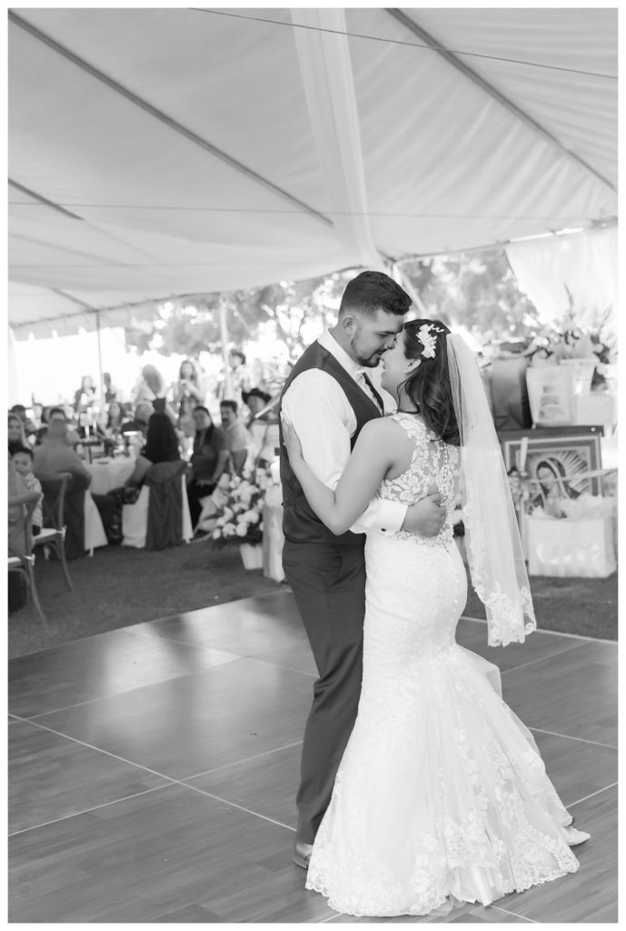 Rancho Janitzio Wedding - bride and groom's first dance in black and white