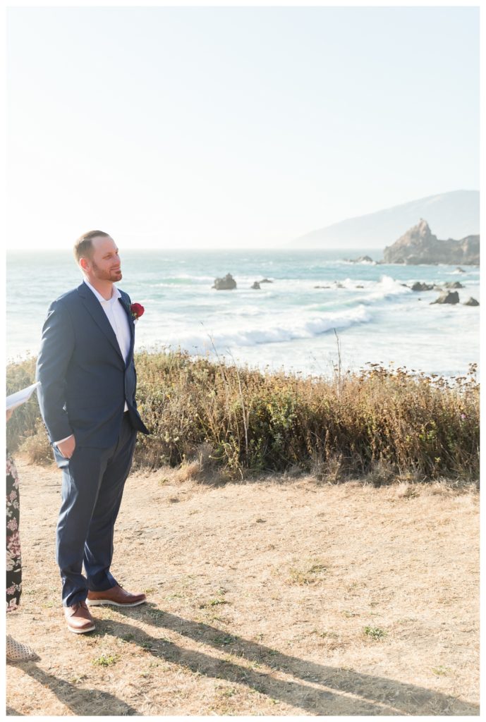 groom seeing his bride for the first time at their Big Sur elopement