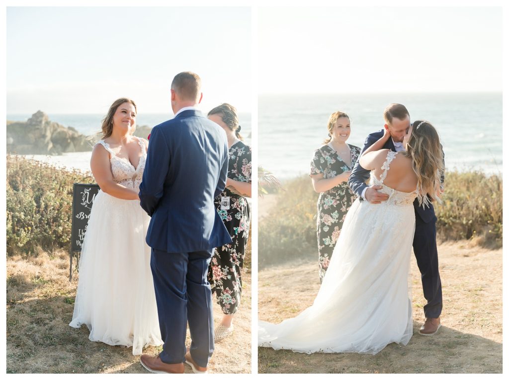 a bride and groom share their first kiss during their Big Sur elopement
