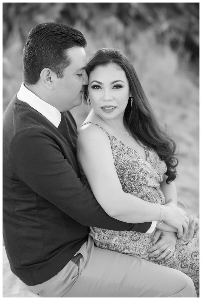 black and white photo of a couple during a summer engagement shoot