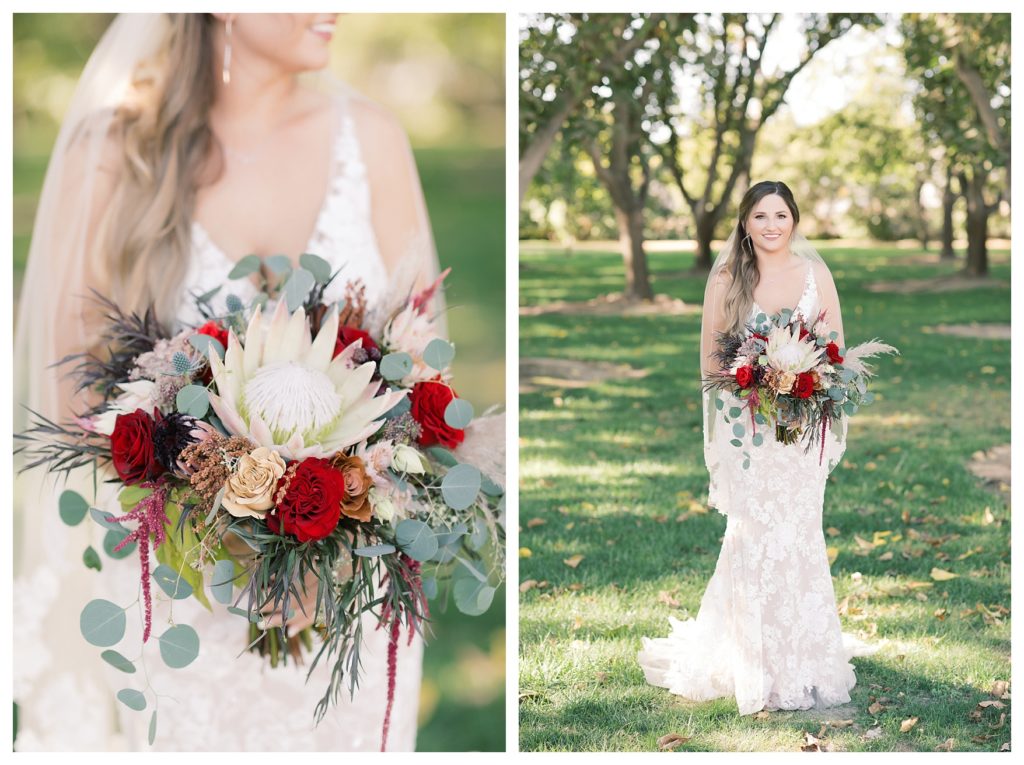 stunning floral bouquet and bride before a wedding at Kern County Basque Club