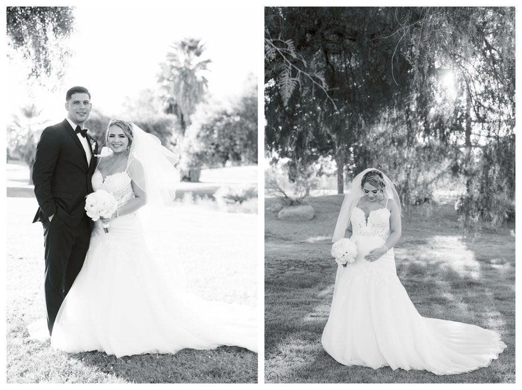 black and white portrait of a bride and groom at a Rio Bravo Country Club wedding