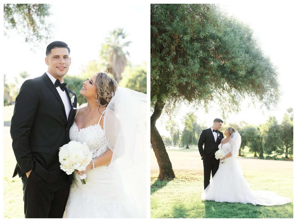 bride and groom portraits under a tree at a Rio Bravo Country Club wedding
