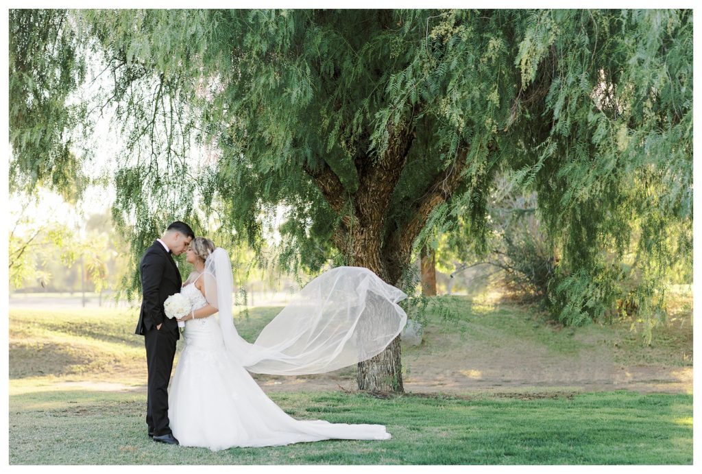 a beautiful bride and groom with a fluttering veil at a Rio Bravo Country Club wedding
