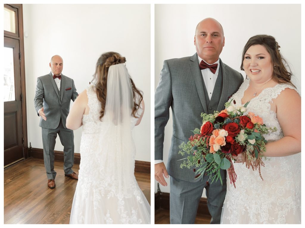 a bride sees her dad for the first time before her wedding at The Belle Rae
