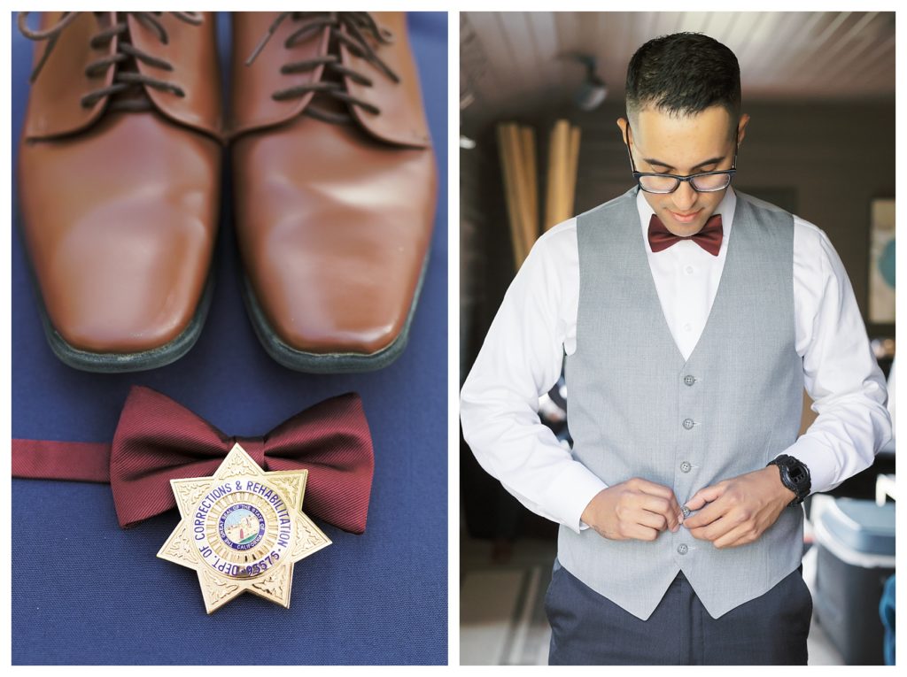 a groom's shoes and tie for his wedding at JEH Ranch