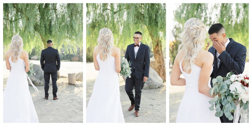 a bride and groom's first look at a wedding at JEH Ranch