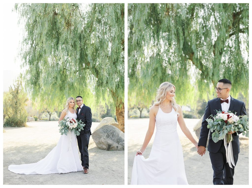 a couple walks beneath a willow tree at their wedding at JEH Ranch