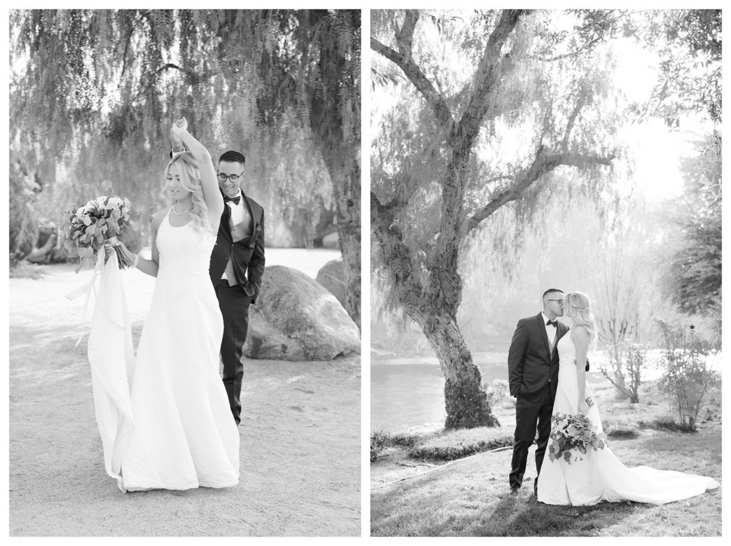 black and white photos of a groom spinning his bride at a wedding at JEH Ranch