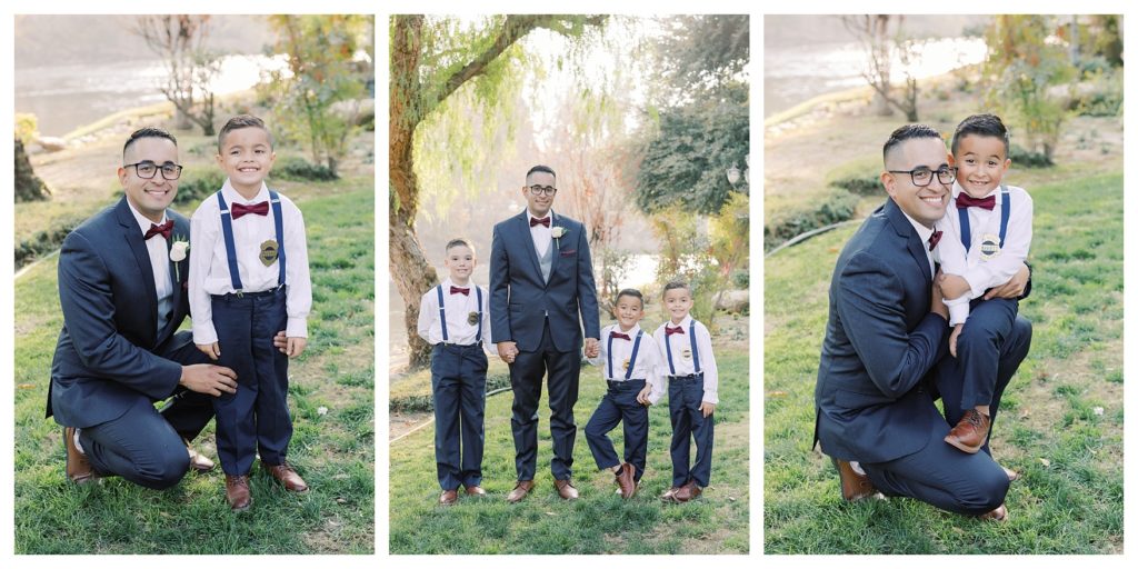 a groom poses with his young sons before a wedding at JEH Ranch