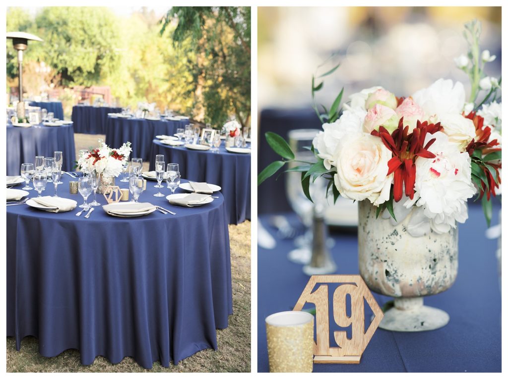 wedding decorations and table centerpieces at a wedding at JEH Ranch