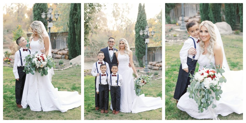 a bride and groom pose with their sons after their wedding at JEH Ranch