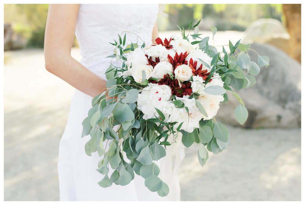 beautiful burgundy and white wedding flowers for a wedding at JEH Ranch
