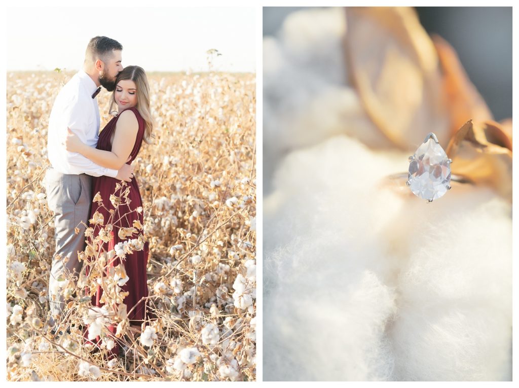 an engagement ring in the cotton during cotton field engagement photos