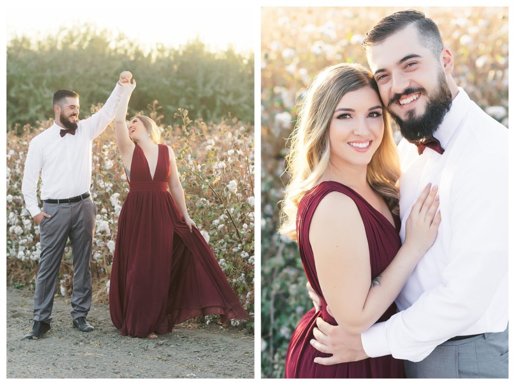 a couple twirling and laughing during their cotton field engagement photos