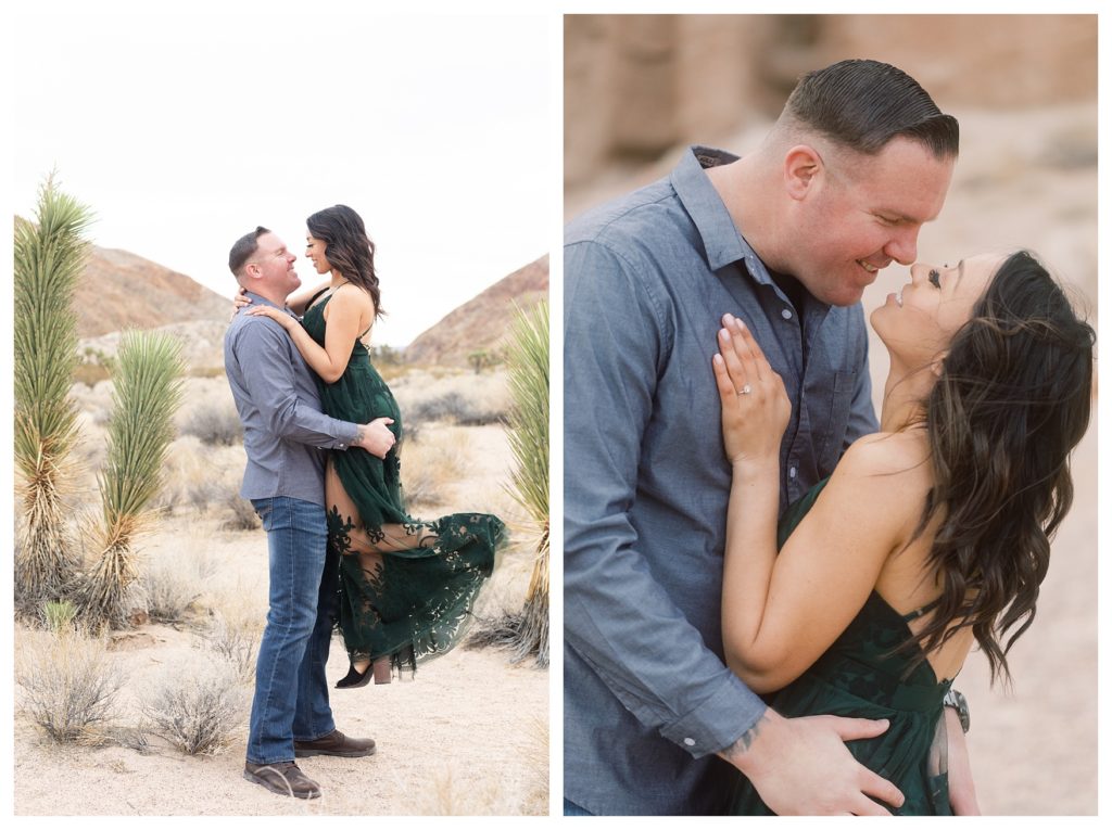a man lifts his fiancee during their desert engagement photos