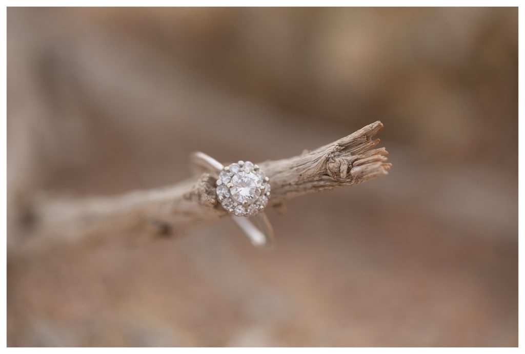 a close up photo of an engagement ring during desert engagement photos