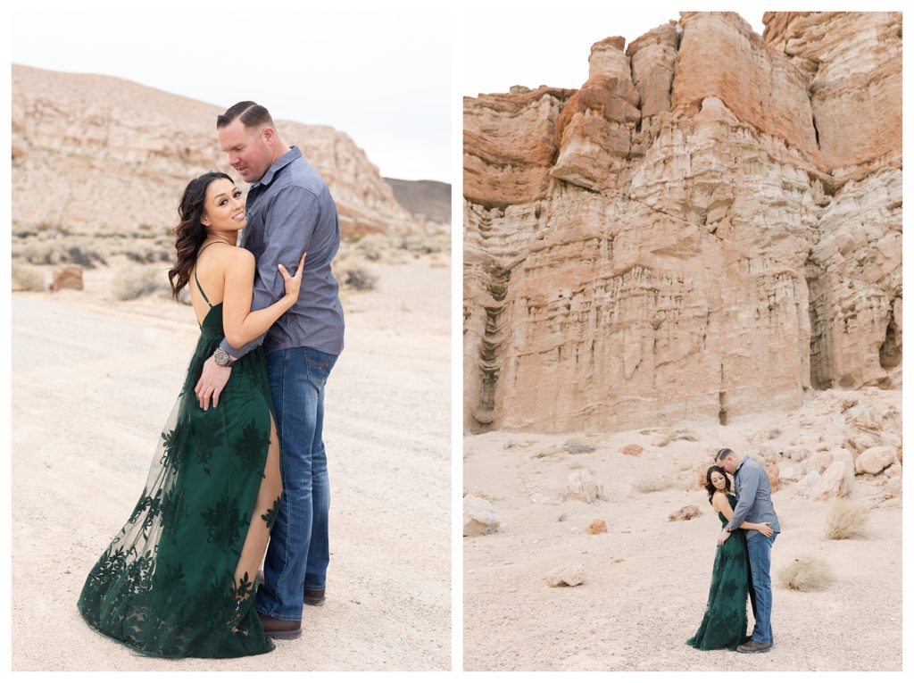 a man adores his woman during their desert engagement photos