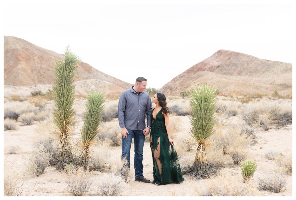 a couple talks quietly during their desert engagement photos