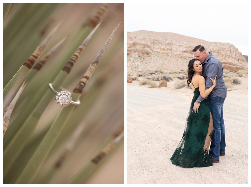 a couple and their engagement ring during desert engagement photos