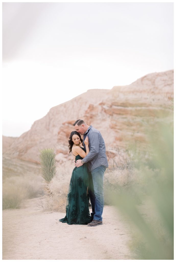 a couple cuddles in front of the beautiful landscape during their desert engagement photos