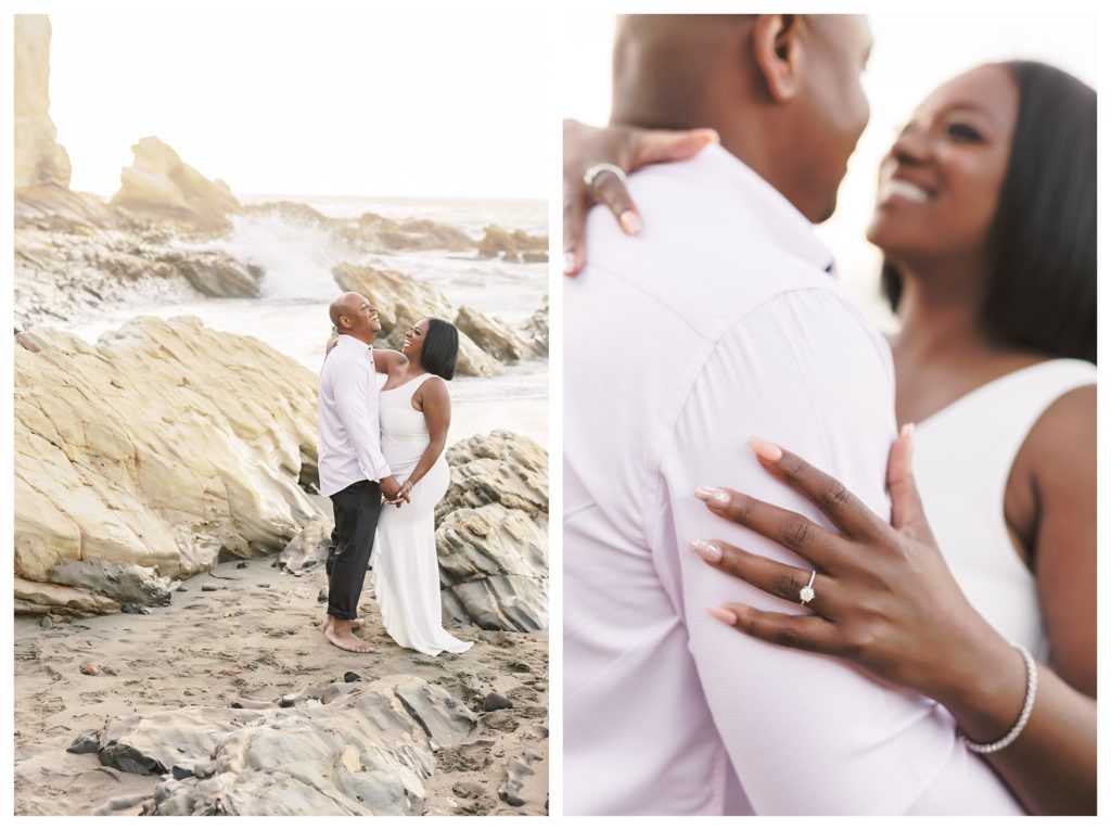 two photos of a couple laughing together during engagement photos at Montaña de Oro State Park