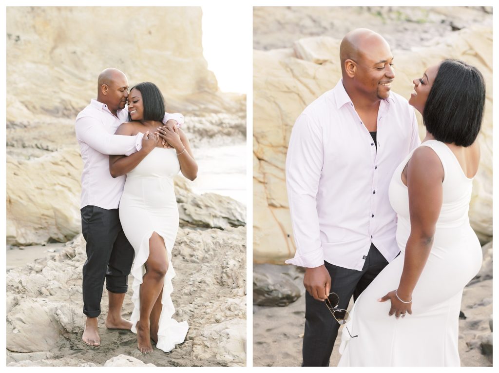 a couple cuddles and plays during their engagement photos at Montaña de Oro State Park