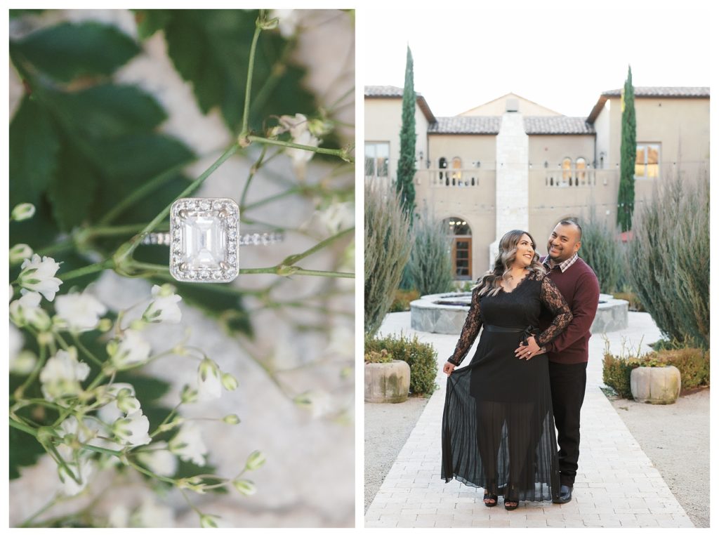 an engagement ring and a couple cuddling during engagement photos at Allegretto Vineyard Resort