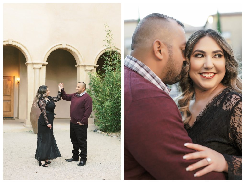 a couple in love during engagement photos at Allegretto Vineyard Resort