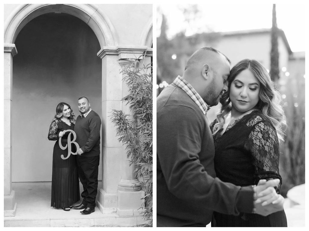 black and white photos of a couple during engagement photos at Allegretto Vineyard Resort
