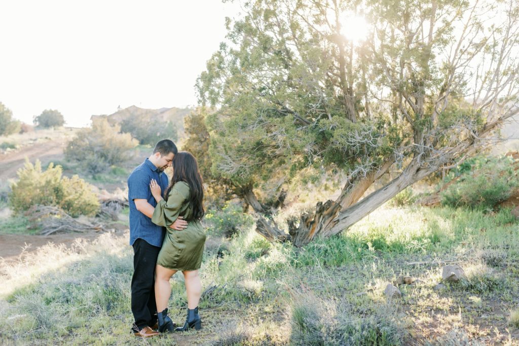 a couple cuddles during engagement photos at Sand Canyon Ranch