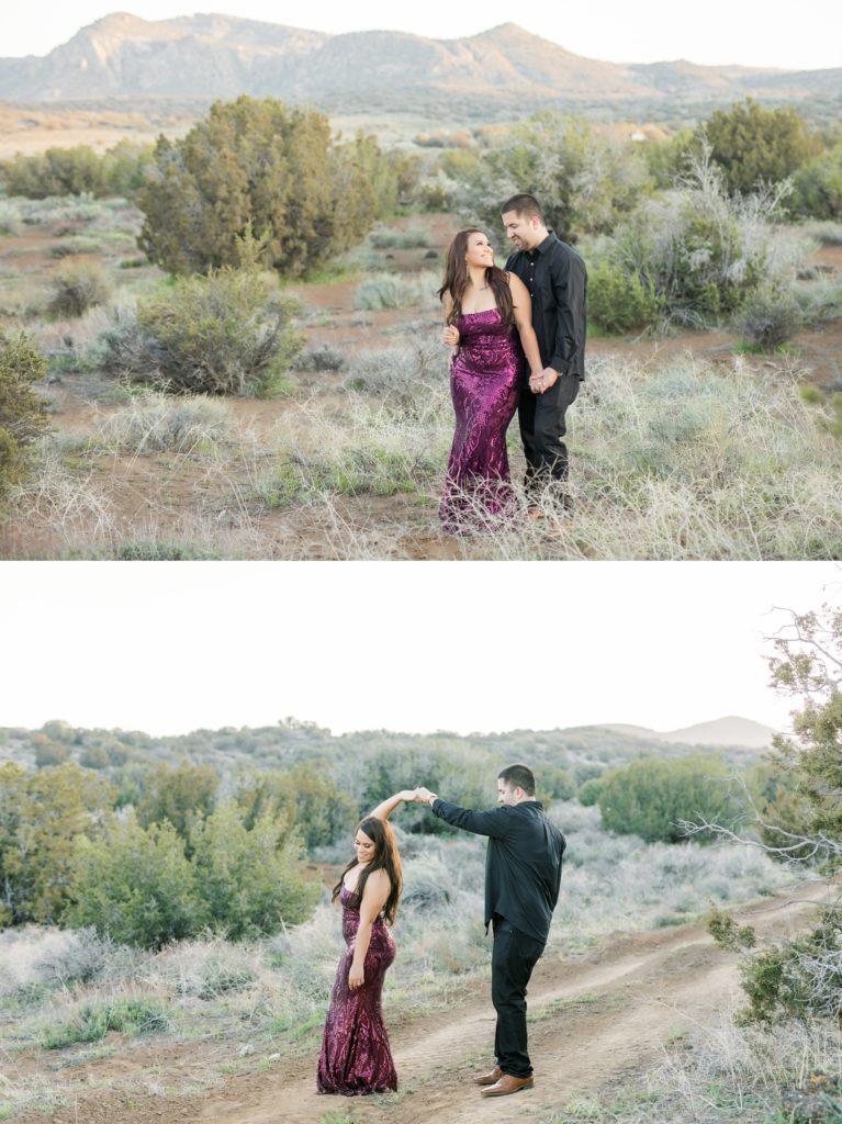 a couple dressed up in formal wear for their engagement photos at Sand Canyon Ranch