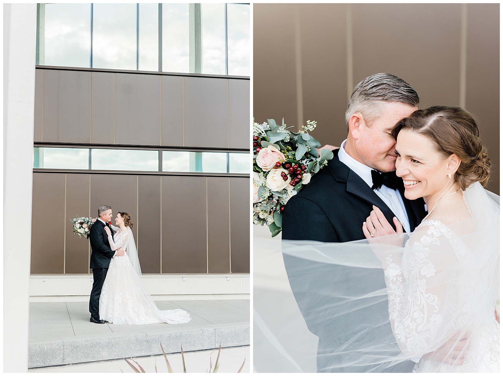 a couple poses in front of beautiful architecture after their winter wedding in Bakersfield, CA