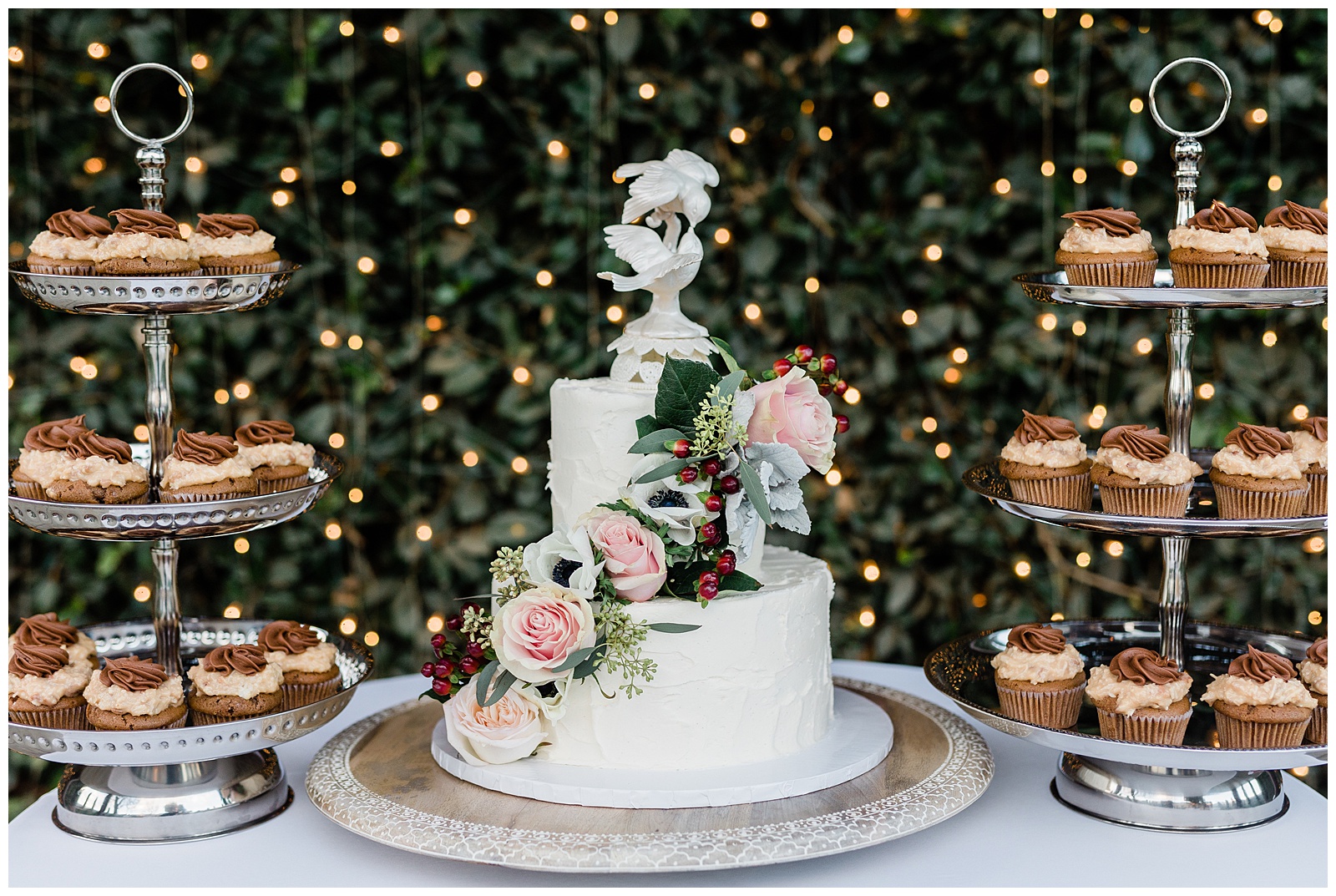 cakes and cupcakes at a reception for a winter wedding in Bakersfield, CA