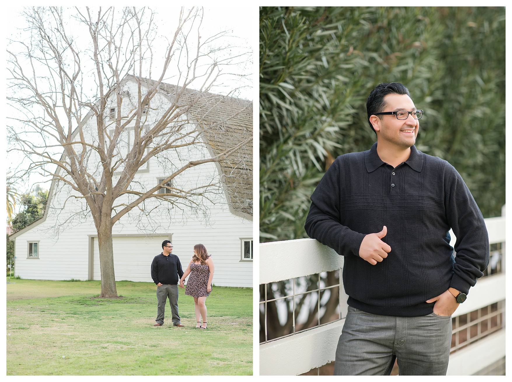 couple walks under trees during their fall engagement session in Bakersfield