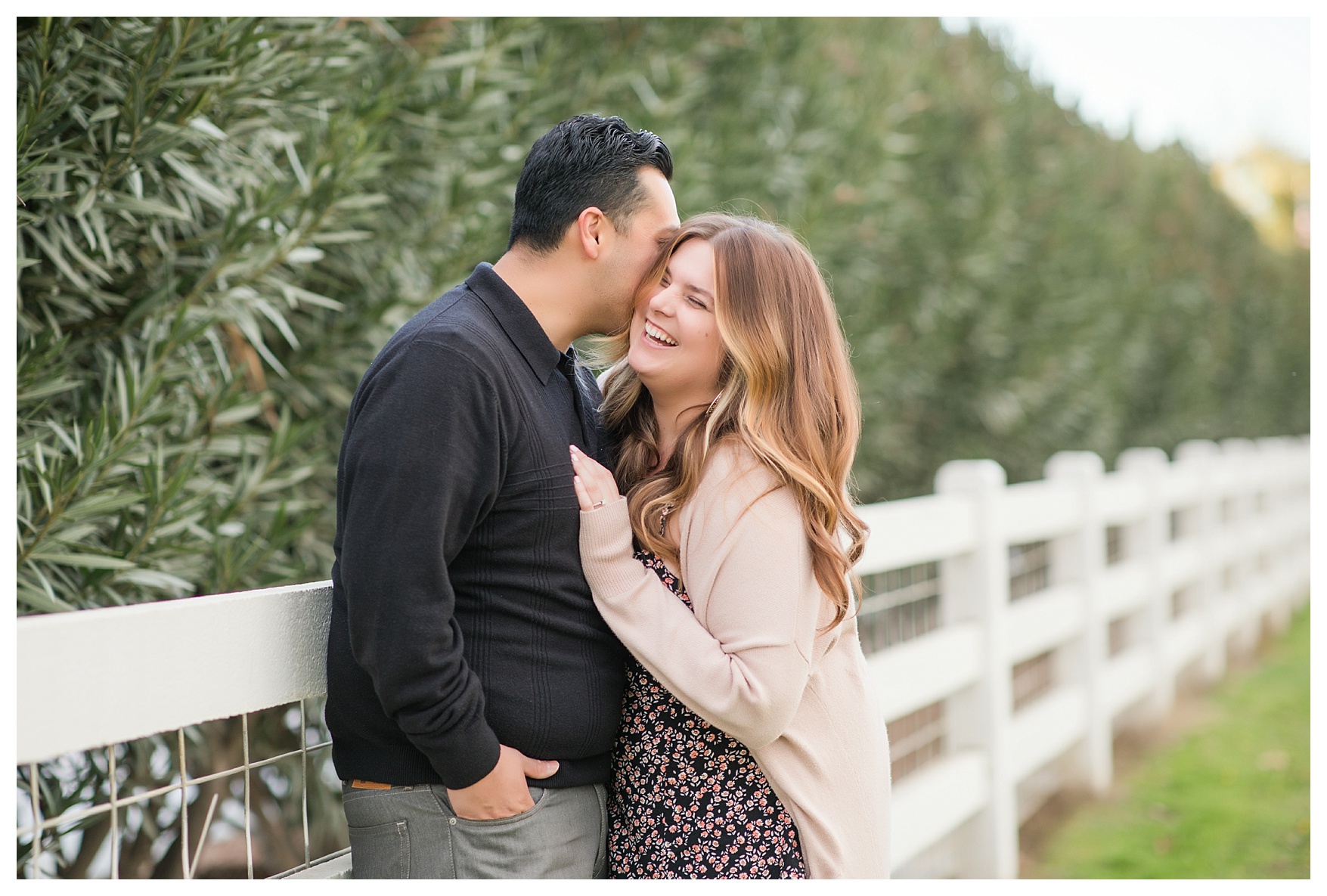 a couple laughs during their fall engagement session in Bakersfield