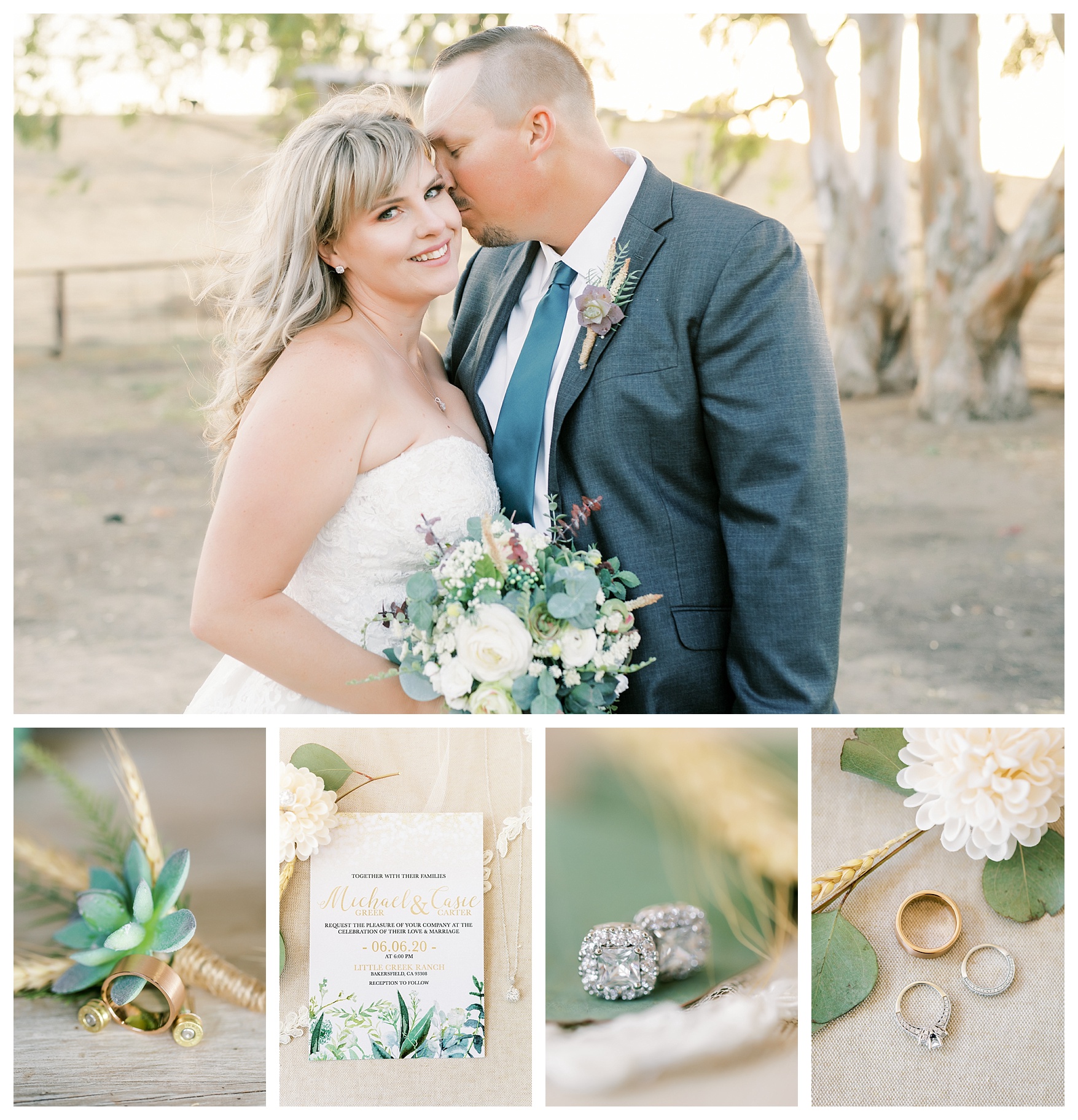 Wedding pictures in Bakersfield, Ca. Wedding rings, earrings, wedding invitation. Greens, creams, and succulents. 